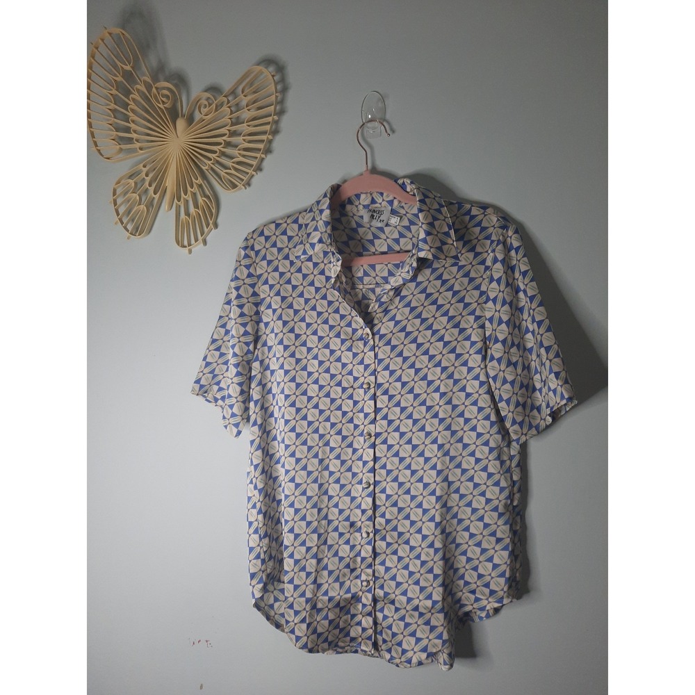 Princess Polly Blue Geometric Tile Print Short Sleeve Button Up Shirt US 4